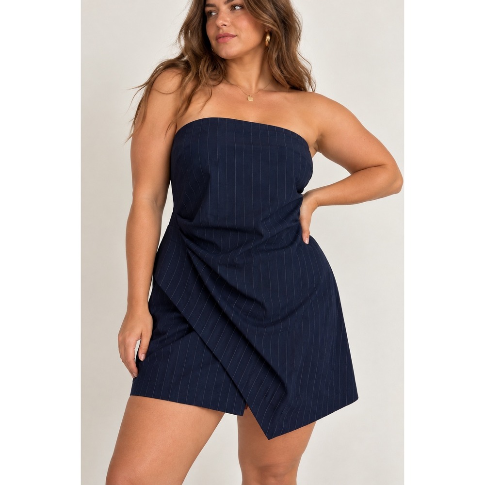 Navy Blue Pinstripe Strapless Draped Mini Dress Asymmetrical Wrap Front Tube